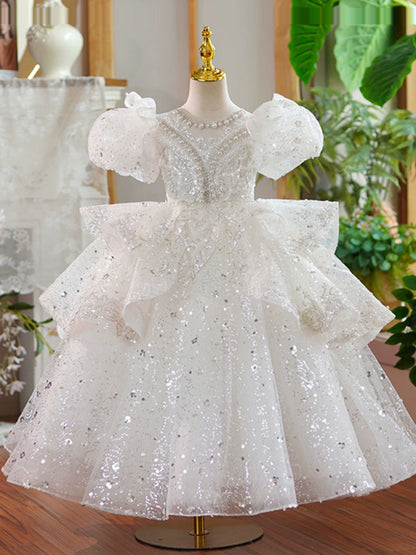 Princess White Sequined Crossed Straps Baptism Beaded Floor Length Short Sleeve Puff Sleeve Jewel Neck Flower Girl Dress