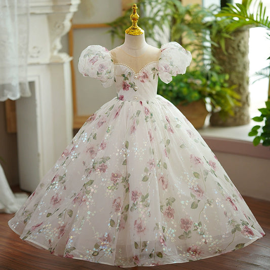 Princess White Tulle Back Zip Baptism Beaded Floor Length Short Sleeve Puff Sleeve Sweetheart Flower Girl Dress