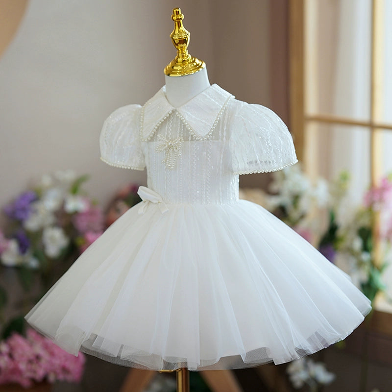 Princess White Tulle Back Zip Baptism Beaded Tea Length Short Sleeve Puff Sleeve Collared Neck Flower Girl Dress