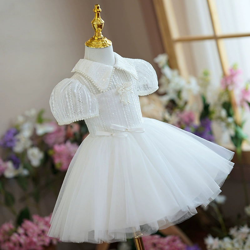 Princess White Tulle Back Zip Baptism Beaded Tea Length Short Sleeve Puff Sleeve Collared Neck Flower Girl Dress