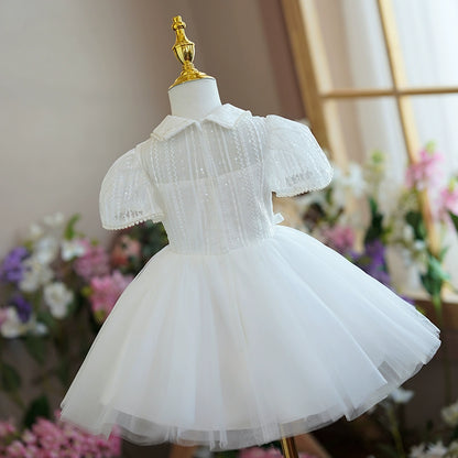 Princess White Tulle Back Zip Baptism Beaded Tea Length Short Sleeve Puff Sleeve Collared Neck Flower Girl Dress