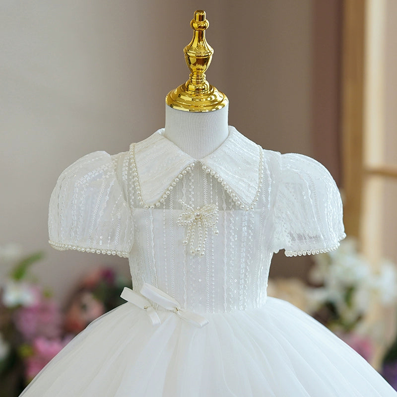 Princess White Tulle Back Zip Baptism Beaded Tea Length Short Sleeve Puff Sleeve Collared Neck Flower Girl Dress