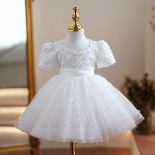 Princess White Tulle Back Zip Baptism Beaded Tea Length Short Sleeve Puff Sleeve Square Flower Girl Dress