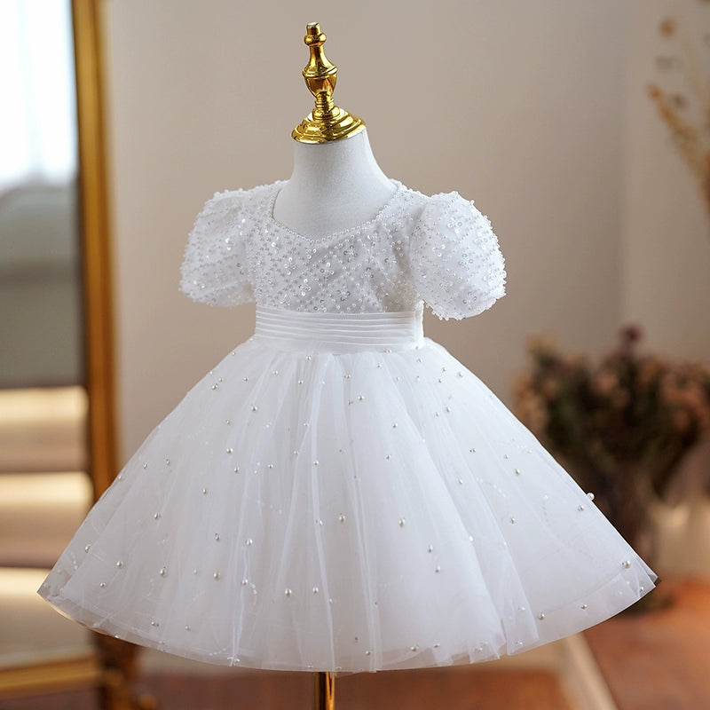 Princess White Tulle Back Zip Baptism Beaded Tea Length Short Sleeve Puff Sleeve Square Flower Girl Dress