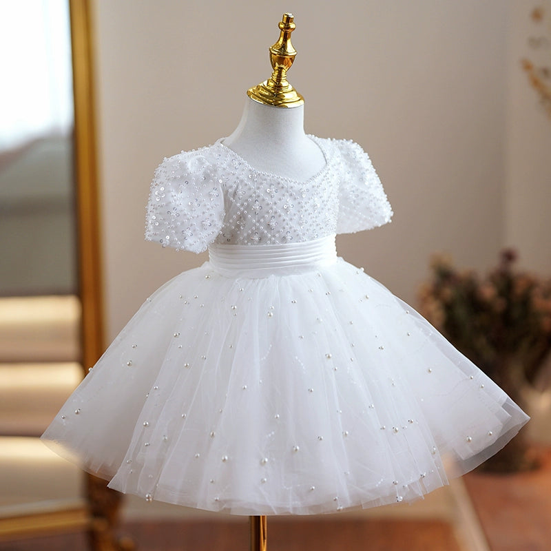 Princess White Tulle Back Zip Baptism Beaded Tea Length Short Sleeve Puff Sleeve Square Flower Girl Dress