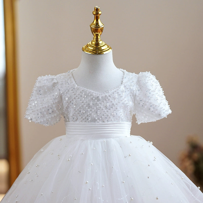 Princess White Tulle Back Zip Baptism Beaded Tea Length Short Sleeve Puff Sleeve Square Flower Girl Dress