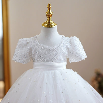 Princess White Tulle Back Zip Baptism Beaded Tea Length Short Sleeve Puff Sleeve Square Flower Girl Dress