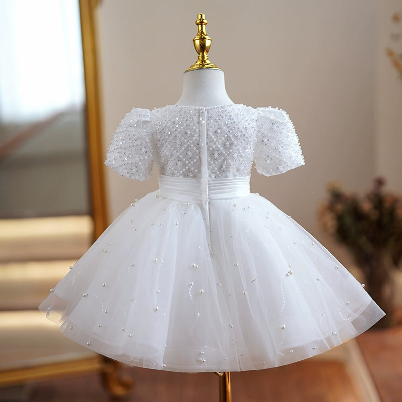 Princess White Tulle Back Zip Baptism Beaded Tea Length Short Sleeve Puff Sleeve Square Flower Girl Dress