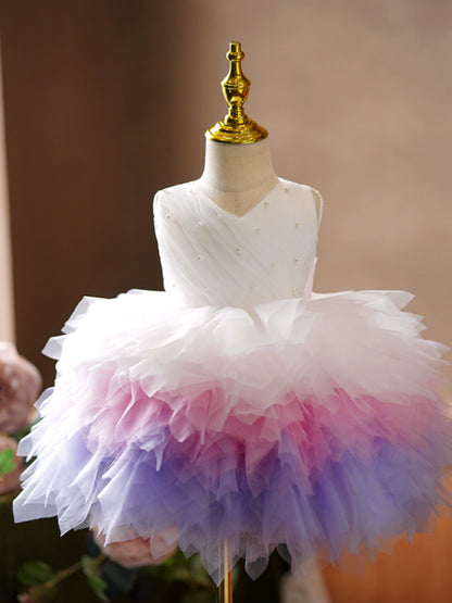 Princess White Tulle Back Zip Baptism Bow(s) Tea Length Sleeveless V-Neck Flower Girl Dress