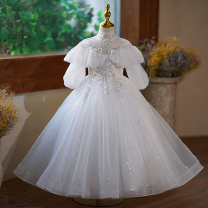 Princess White Tulle Back Zip Baptism Lace Floor Length Long Sleeve Puff Sleeve Mock Neck Flower Girl Dress