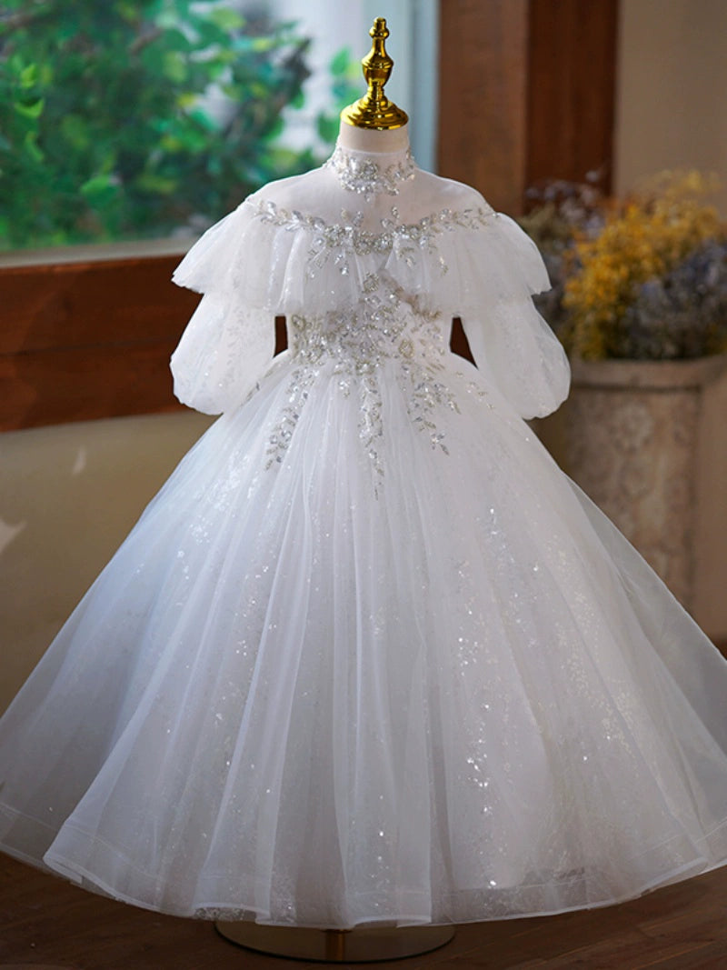 Princess White Tulle Back Zip Baptism Lace Floor Length Long Sleeve Puff Sleeve Mock Neck Flower Girl Dress