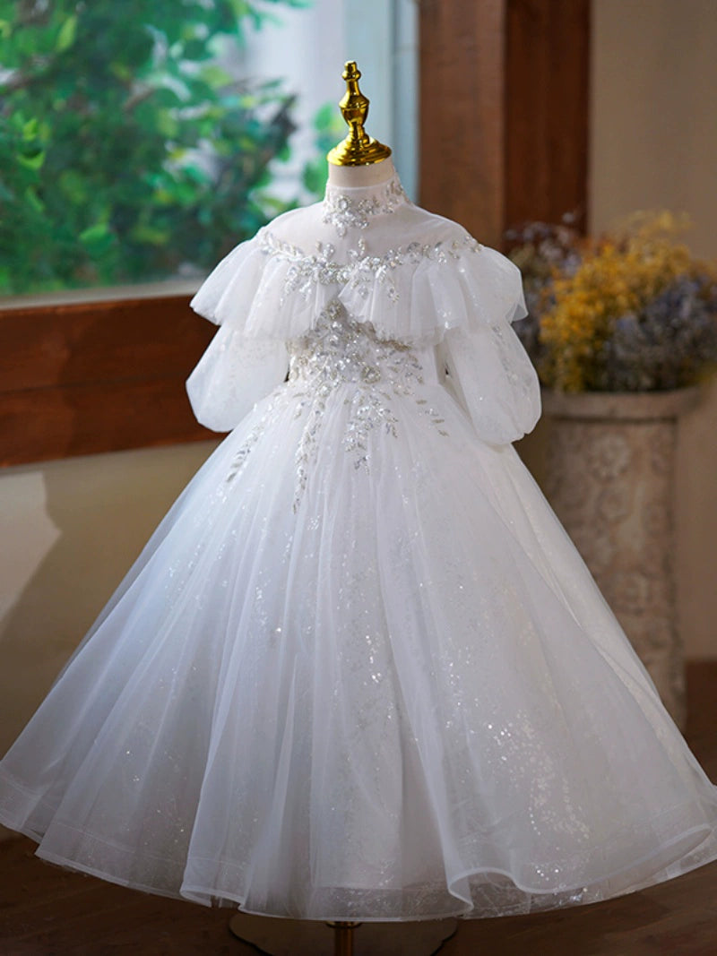 Princess White Tulle Back Zip Baptism Lace Floor Length Long Sleeve Puff Sleeve Mock Neck Flower Girl Dress