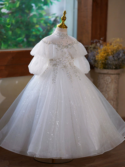 Princess White Tulle Back Zip Baptism Lace Floor Length Long Sleeve Puff Sleeve Mock Neck Flower Girl Dress