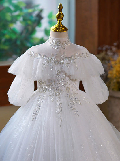 Princess White Tulle Back Zip Baptism Lace Floor Length Long Sleeve Puff Sleeve Mock Neck Flower Girl Dress