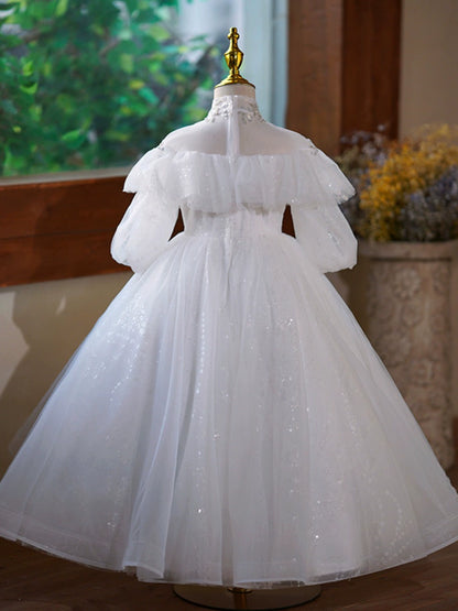 Princess White Tulle Back Zip Baptism Lace Floor Length Long Sleeve Puff Sleeve Mock Neck Flower Girl Dress