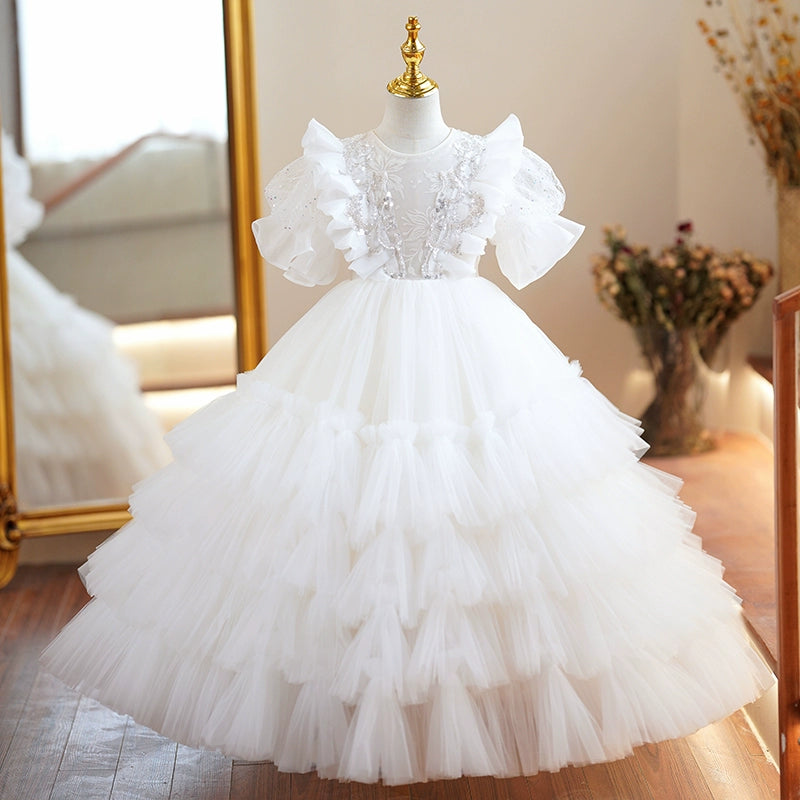 Princess White Tulle Back Zip Baptism Lace Floor Length Short Sleeve Puff Sleeve Round Flower Girl Dress