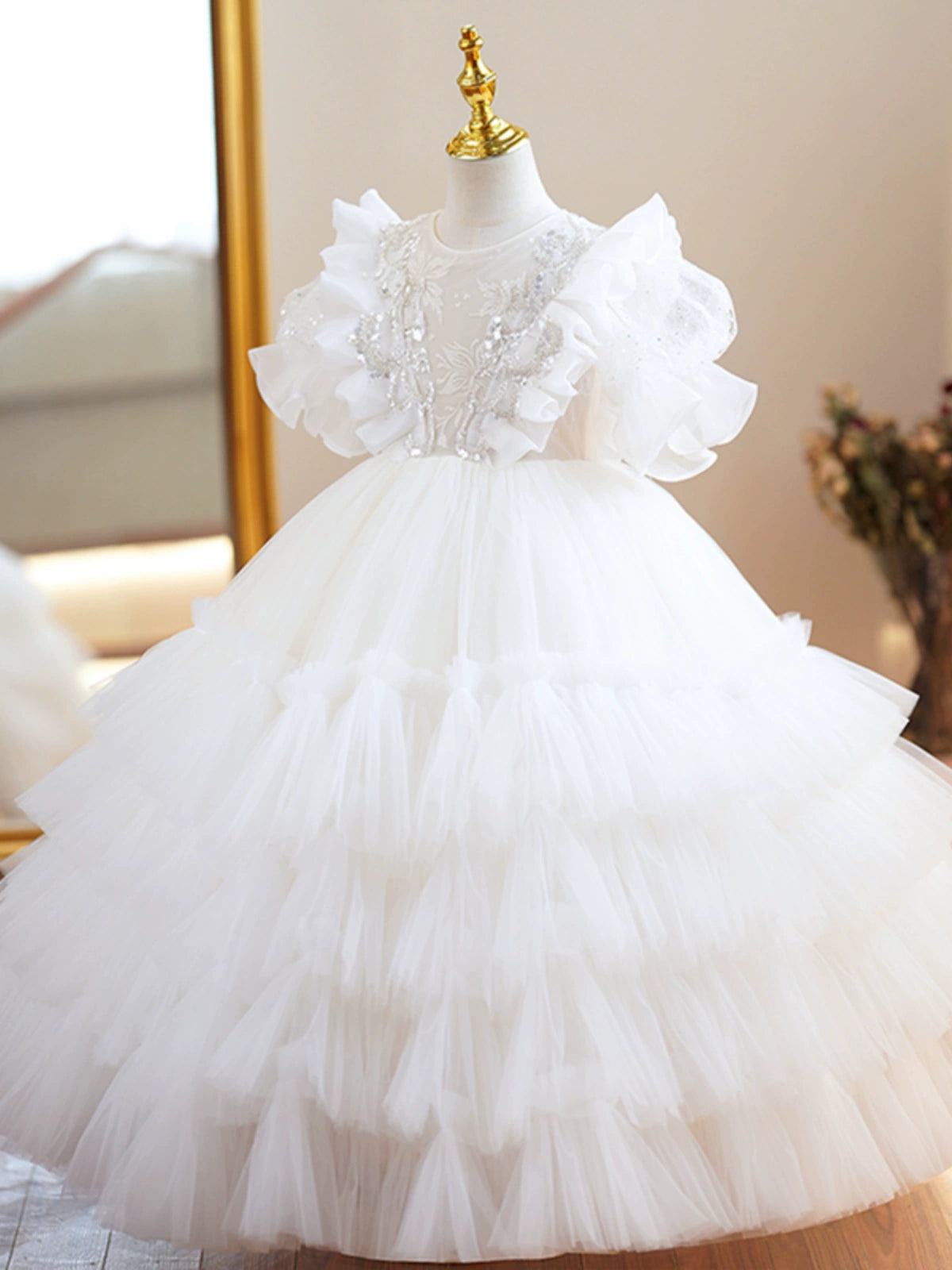 Princess White Tulle Back Zip Baptism Lace Floor Length Short Sleeve Puff Sleeve Round Flower Girl Dress