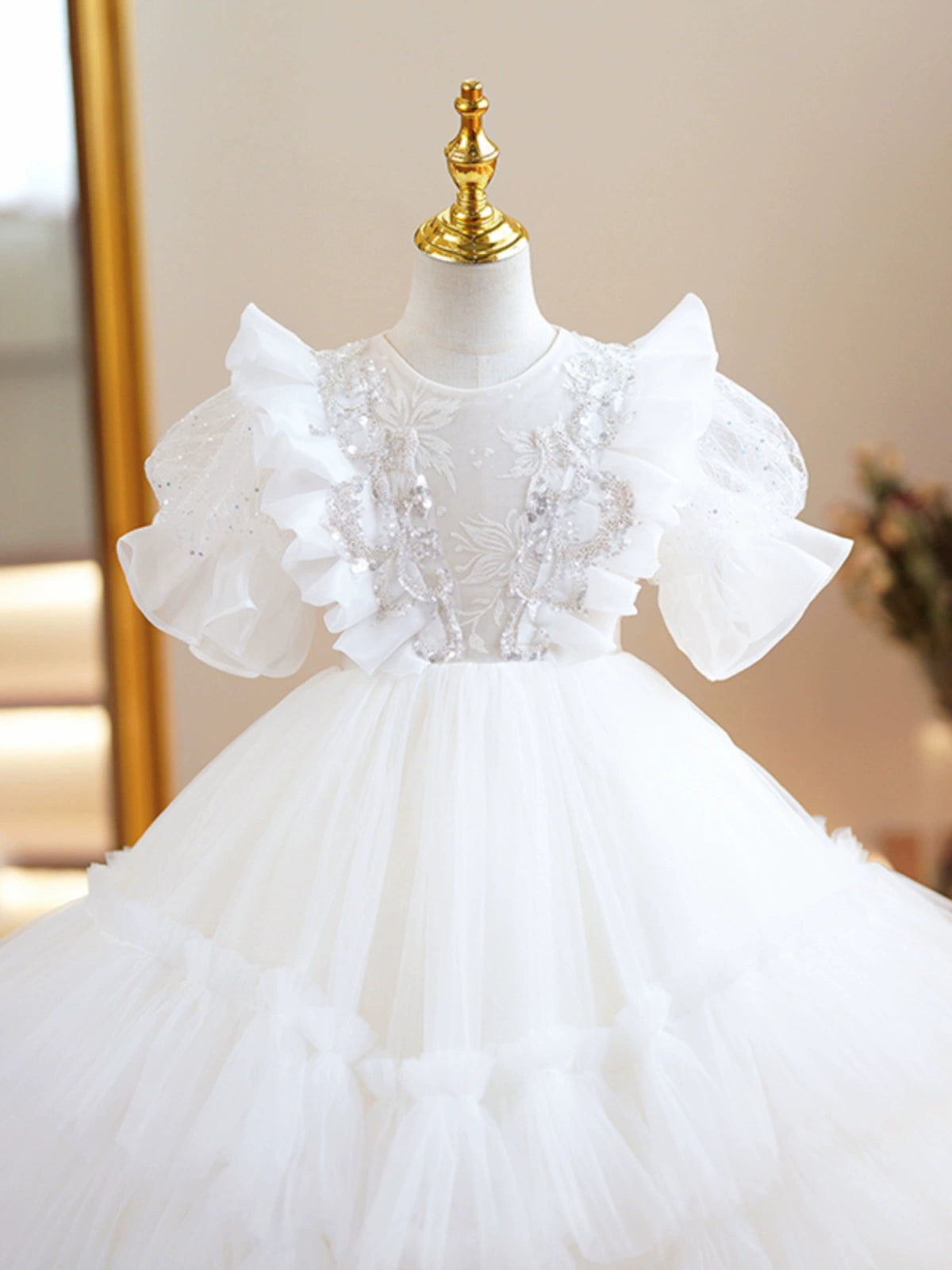 Princess White Tulle Back Zip Baptism Lace Floor Length Short Sleeve Puff Sleeve Round Flower Girl Dress