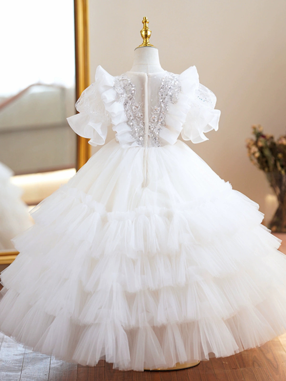 Princess White Tulle Back Zip Baptism Lace Floor Length Short Sleeve Puff Sleeve Round Flower Girl Dress