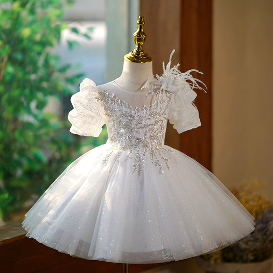 Princess White Tulle Back Zip Baptism Lace Tea Length Short Sleeve Puff Sleeve Round Flower Girl Dress