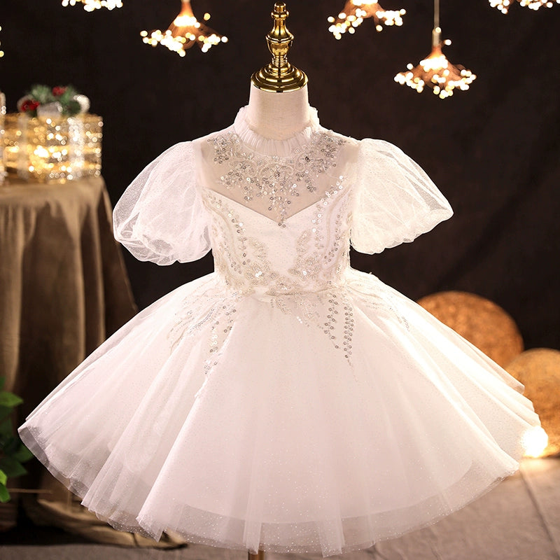 Princess White Tulle Back Zip Baptism Lace Tea Length Short Sleeve Puff Sleeve Round Flower Girl Dress