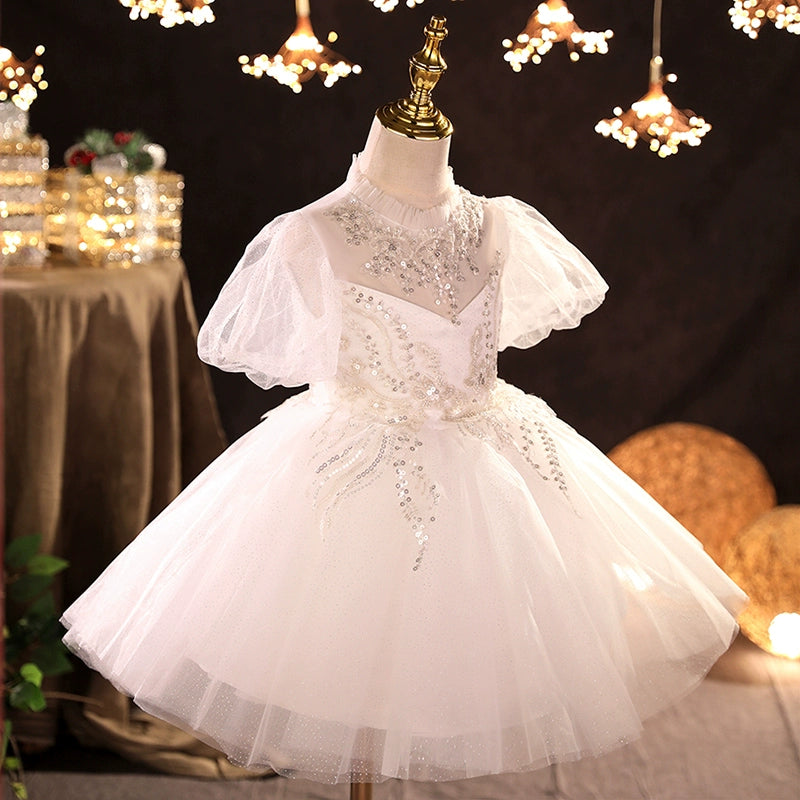 Princess White Tulle Back Zip Baptism Lace Tea Length Short Sleeve Puff Sleeve Round Flower Girl Dress