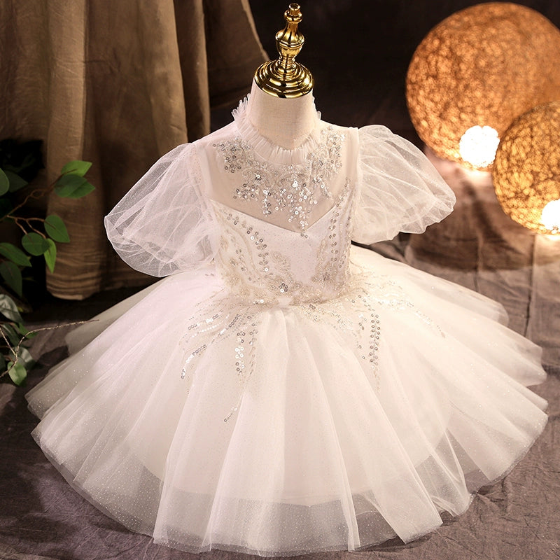 Princess White Tulle Back Zip Baptism Lace Tea Length Short Sleeve Puff Sleeve Round Flower Girl Dress