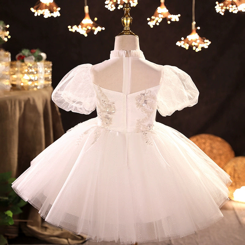 Princess White Tulle Back Zip Baptism Lace Tea Length Short Sleeve Puff Sleeve Round Flower Girl Dress