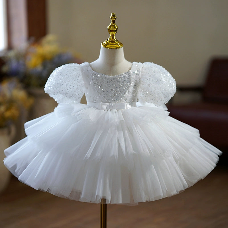 Princess White Tulle Back Zip Baptism Sequin Tea Length Short Sleeve Puff Sleeve Boat Neck Flower Girl Dress