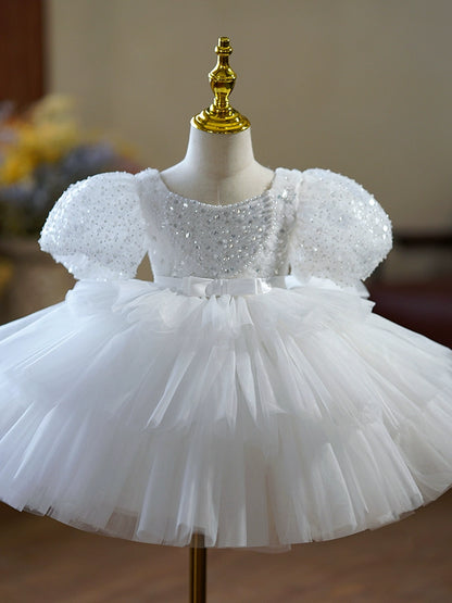 Princess White Tulle Back Zip Baptism Sequin Tea Length Short Sleeve Puff Sleeve Boat Neck Flower Girl Dress