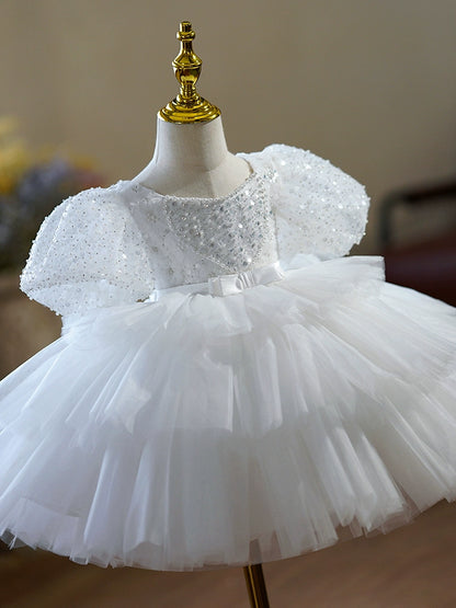 Princess White Tulle Back Zip Baptism Sequin Tea Length Short Sleeve Puff Sleeve Boat Neck Flower Girl Dress