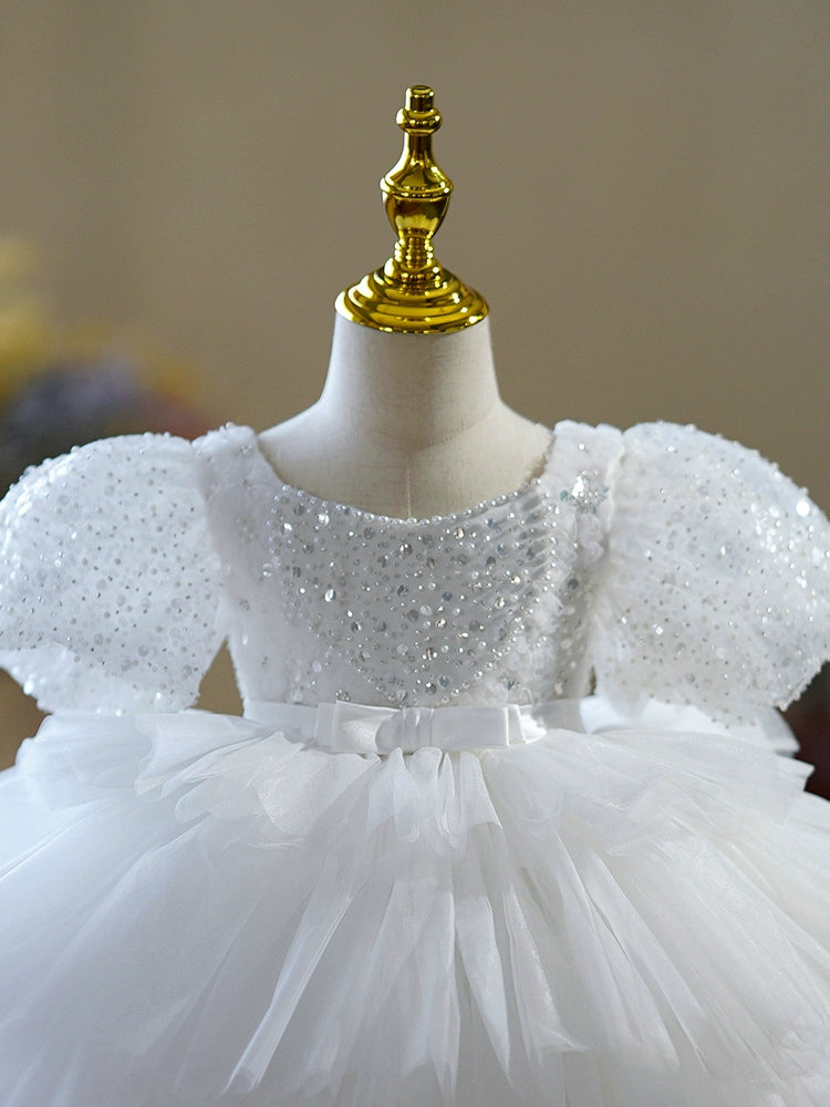Princess White Tulle Back Zip Baptism Sequin Tea Length Short Sleeve Puff Sleeve Boat Neck Flower Girl Dress