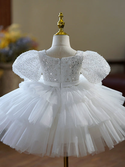 Princess White Tulle Back Zip Baptism Sequin Tea Length Short Sleeve Puff Sleeve Boat Neck Flower Girl Dress