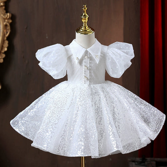 Princess White Tulle Baptism Sequin Tea Length Short Sleeve Puff Sleeve Collared Neck Flower Girl Dress