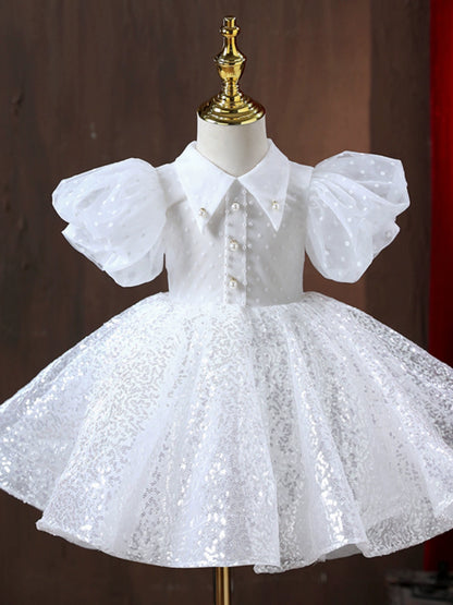 Princess White Tulle Baptism Sequin Tea Length Short Sleeve Puff Sleeve Collared Neck Flower Girl Dress