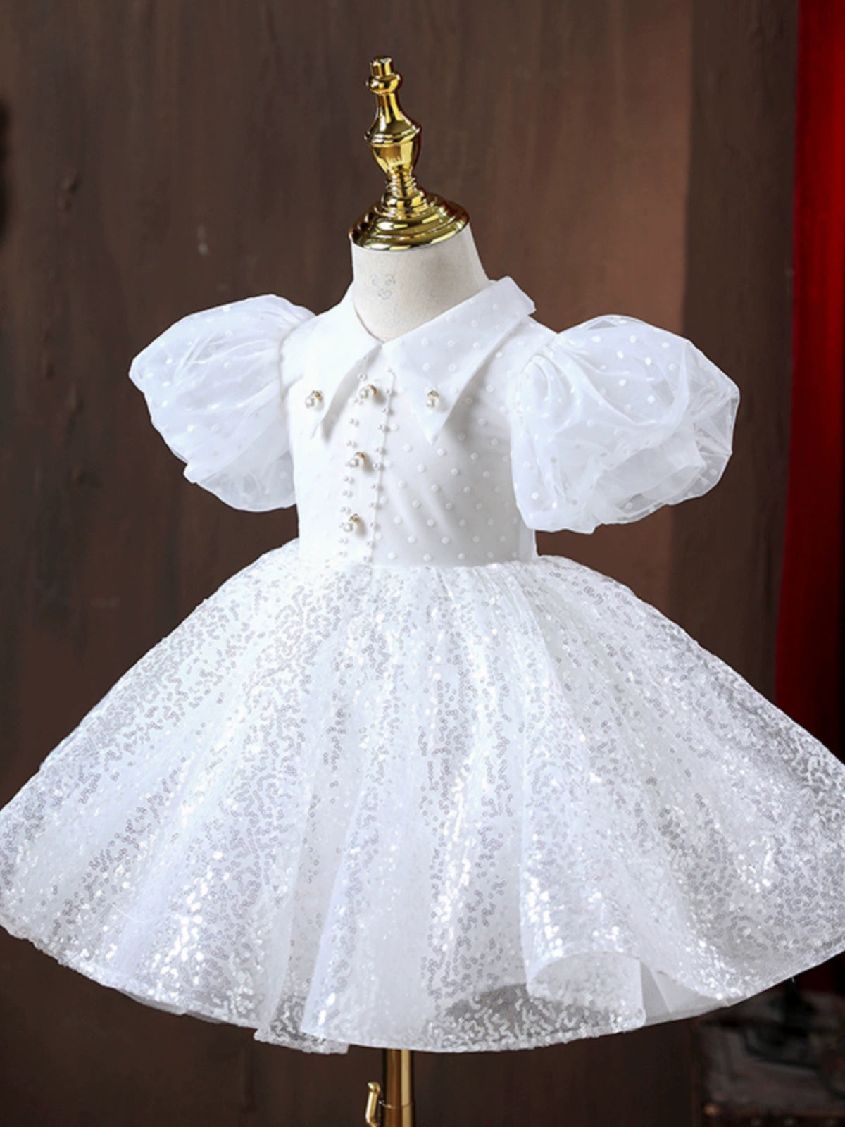 Princess White Tulle Baptism Sequin Tea Length Short Sleeve Puff Sleeve Collared Neck Flower Girl Dress