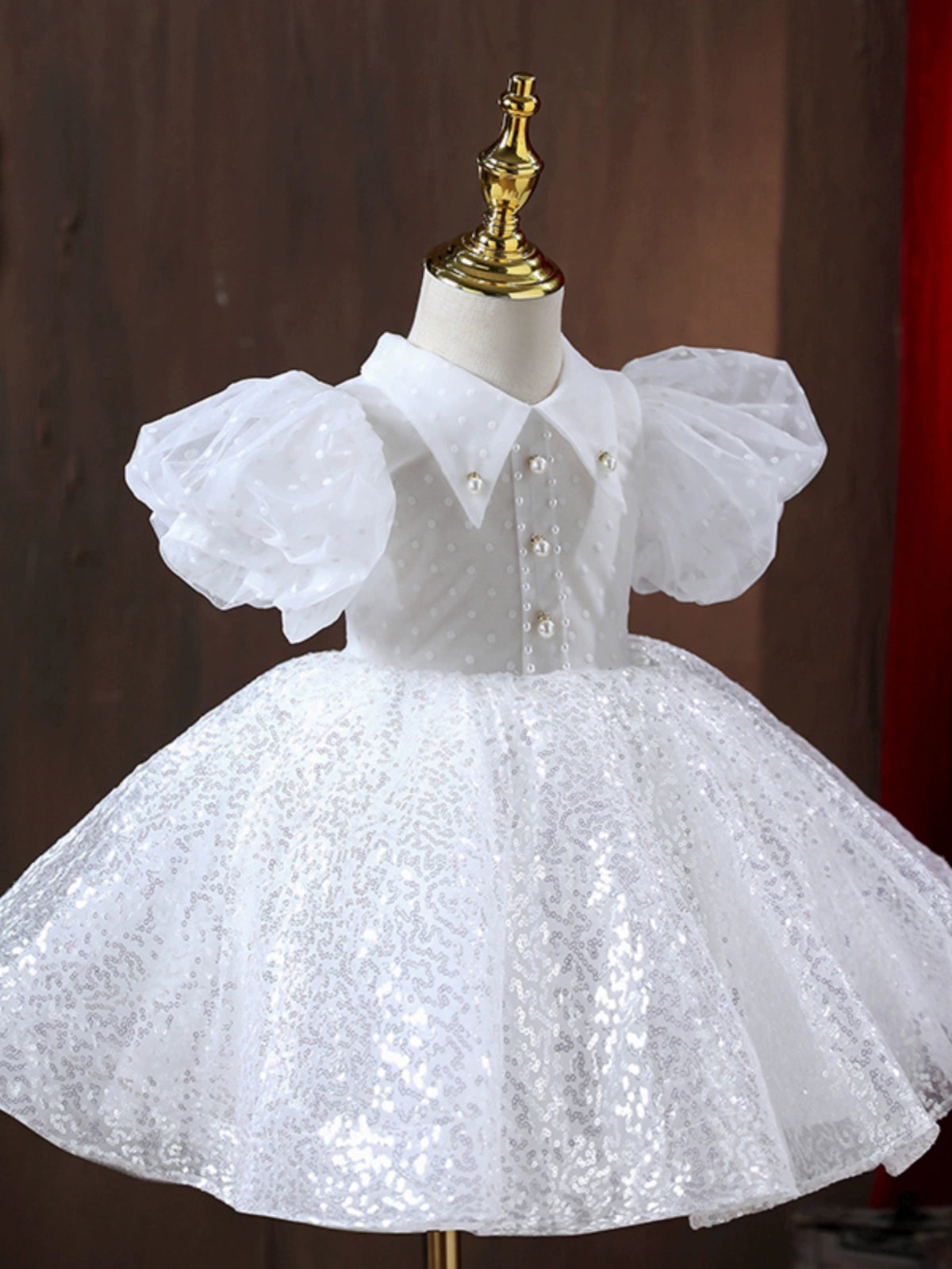 Princess White Tulle Baptism Sequin Tea Length Short Sleeve Puff Sleeve Collared Neck Flower Girl Dress