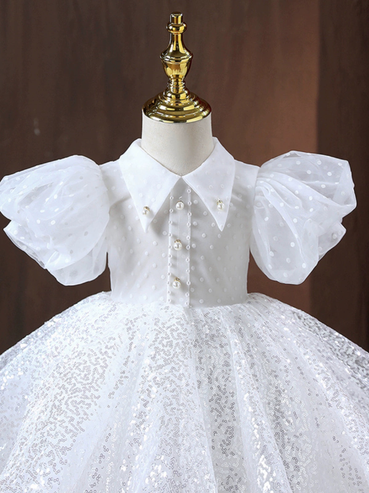 Princess White Tulle Baptism Sequin Tea Length Short Sleeve Puff Sleeve Collared Neck Flower Girl Dress