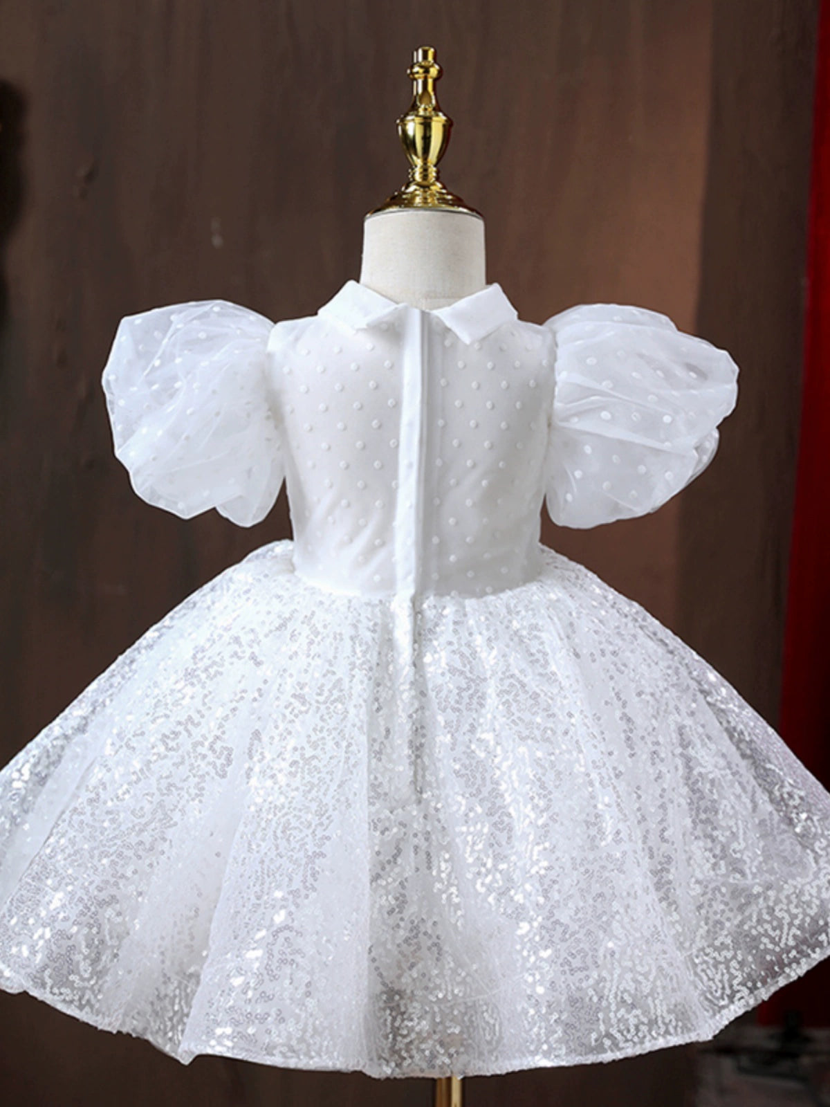 Princess White Tulle Baptism Sequin Tea Length Short Sleeve Puff Sleeve Collared Neck Flower Girl Dress