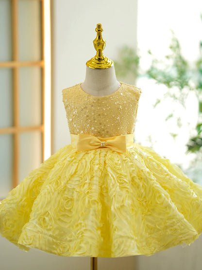 Princess Yellow Lace Back Zip Baptism Lace Tea Length Sleeveless Round Flower Girl Dress