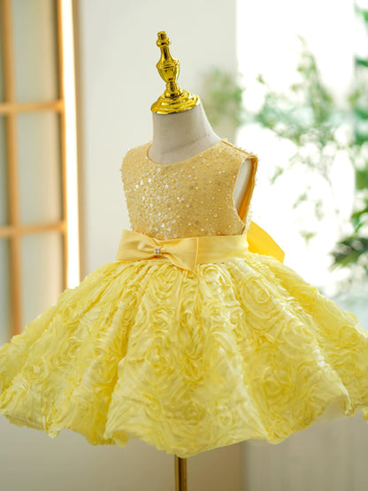 Princess Yellow Lace Back Zip Baptism Lace Tea Length Sleeveless Round Flower Girl Dress