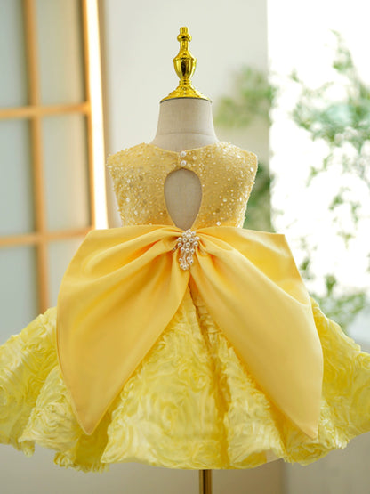 Princess Yellow Lace Back Zip Baptism Lace Tea Length Sleeveless Round Flower Girl Dress