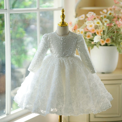 White Lace Back Zip Baptism Lace Tea Length Long Sleeve Round Flower Girl Dress