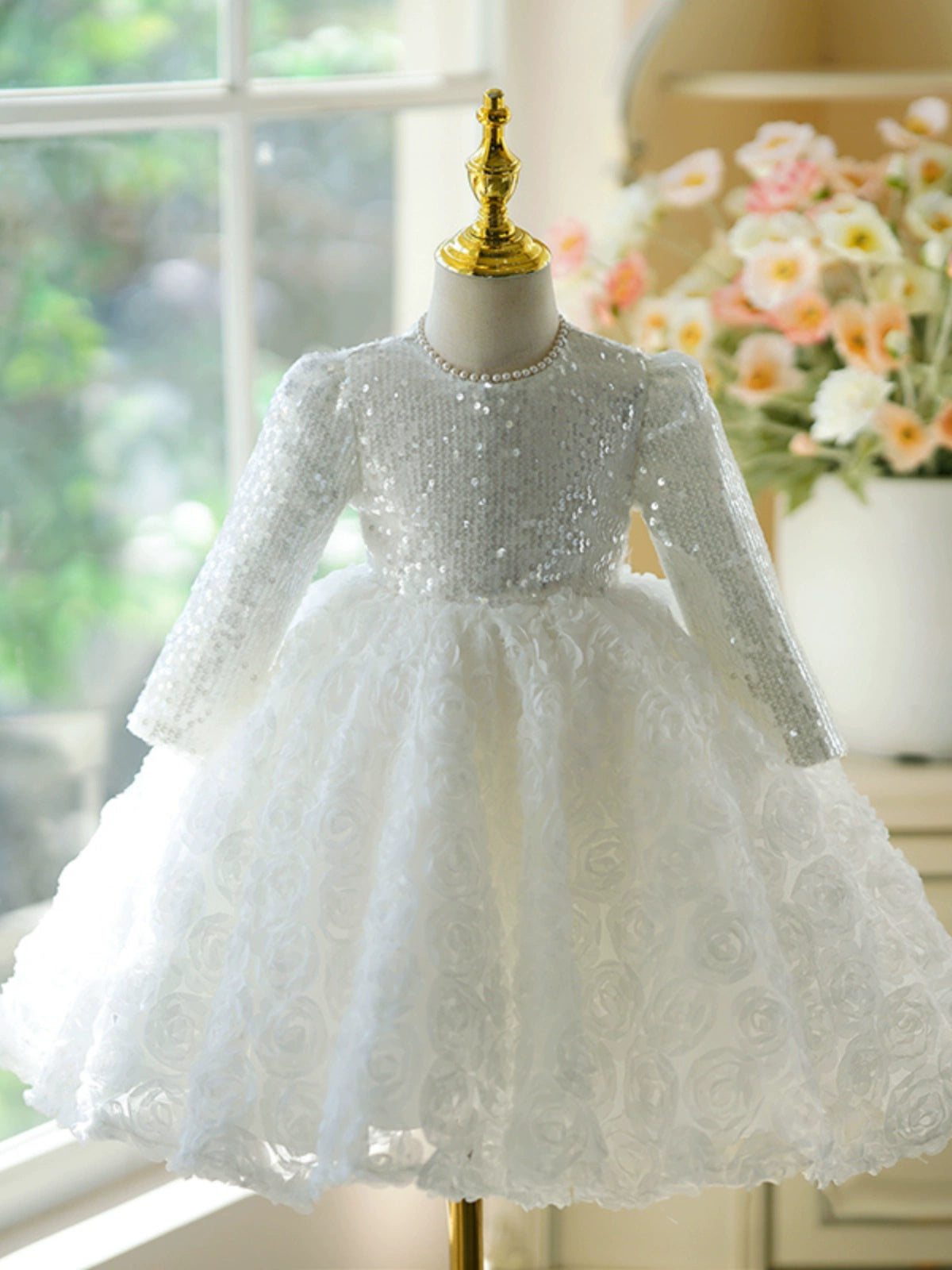 White Lace Back Zip Baptism Lace Tea Length Long Sleeve Round Flower Girl Dress