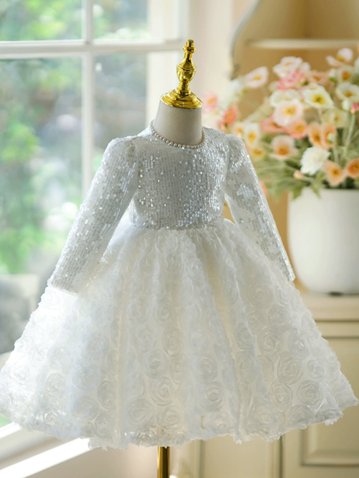 White Lace Back Zip Baptism Lace Tea Length Long Sleeve Round Flower Girl Dress