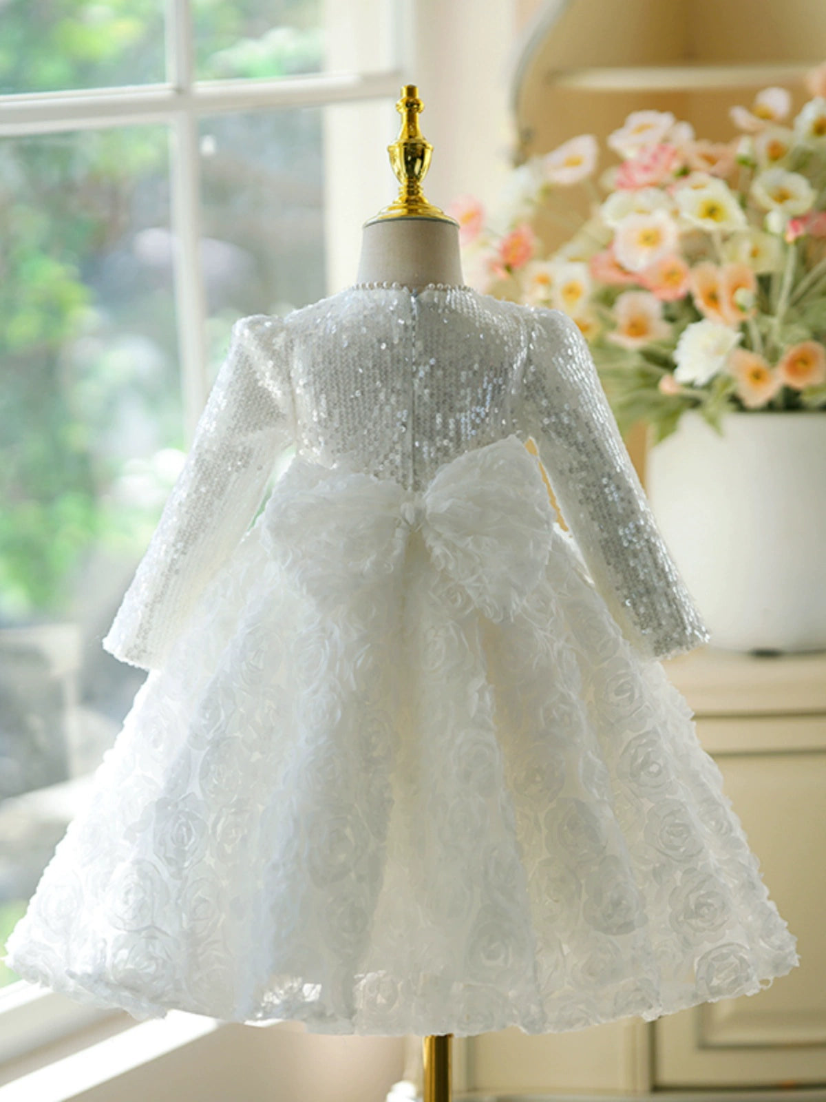 White Lace Back Zip Baptism Lace Tea Length Long Sleeve Round Flower Girl Dress